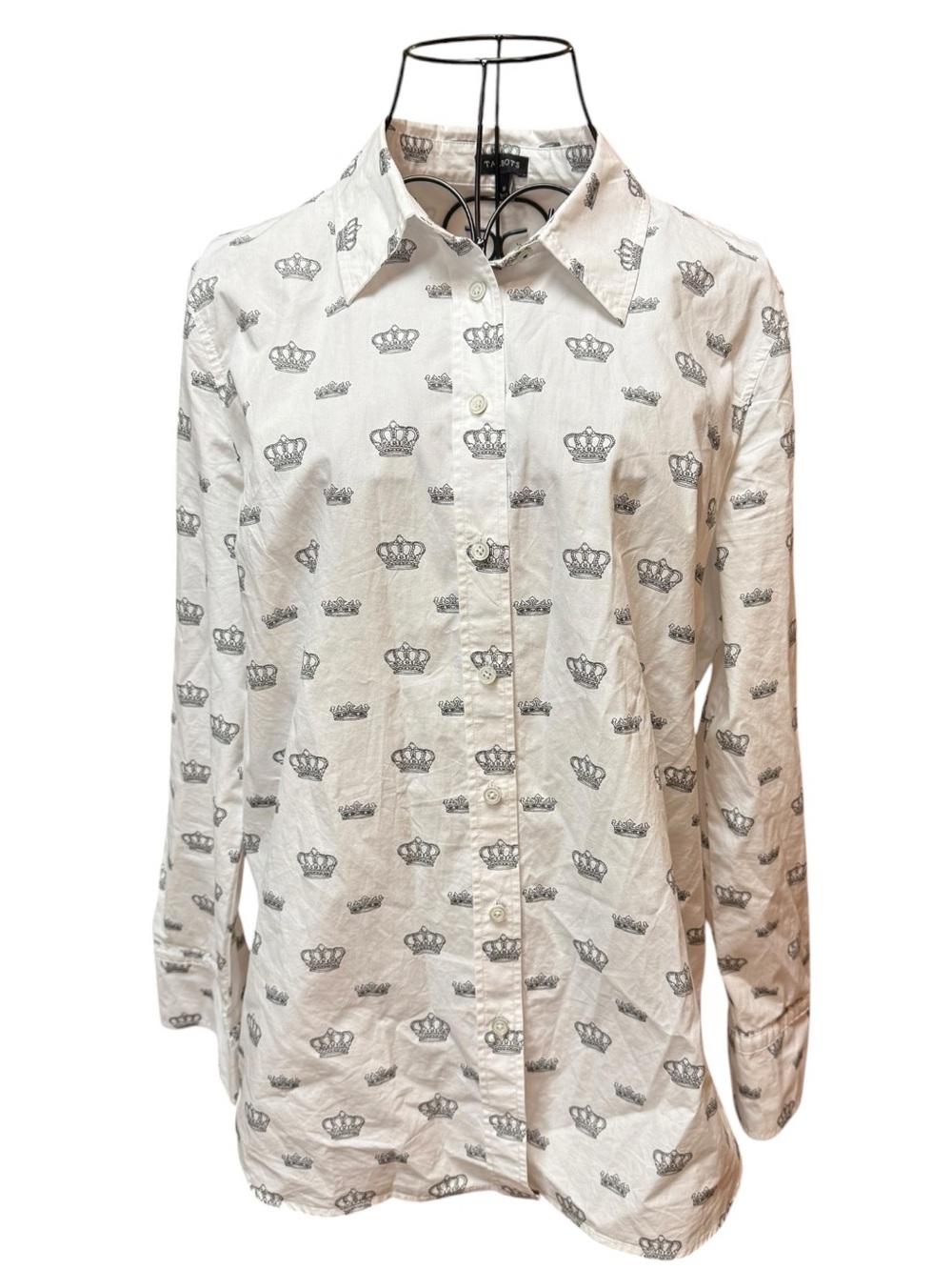 Talbots White 100% Cotton Quiet Luxury Button-Up Shirt Black Crown Print